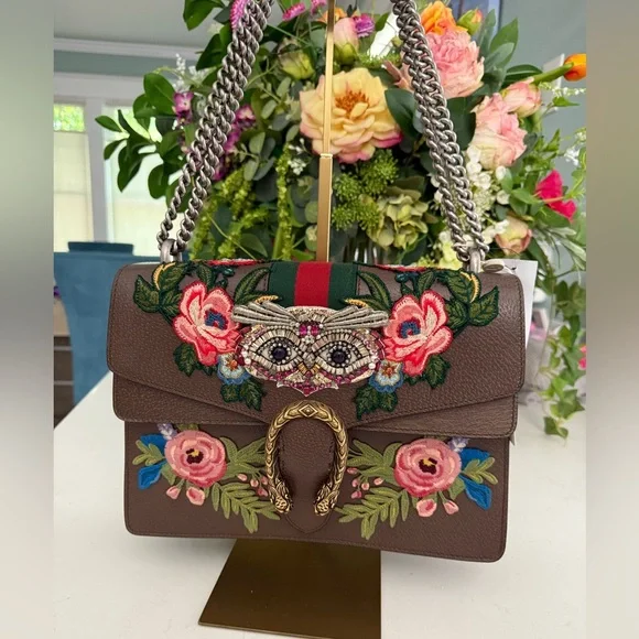 GUCCI Calfskin Web Owl Embroidered Medium Dionysus Shoulder Bag New Acero ~ NWT - Picture 16 of 16